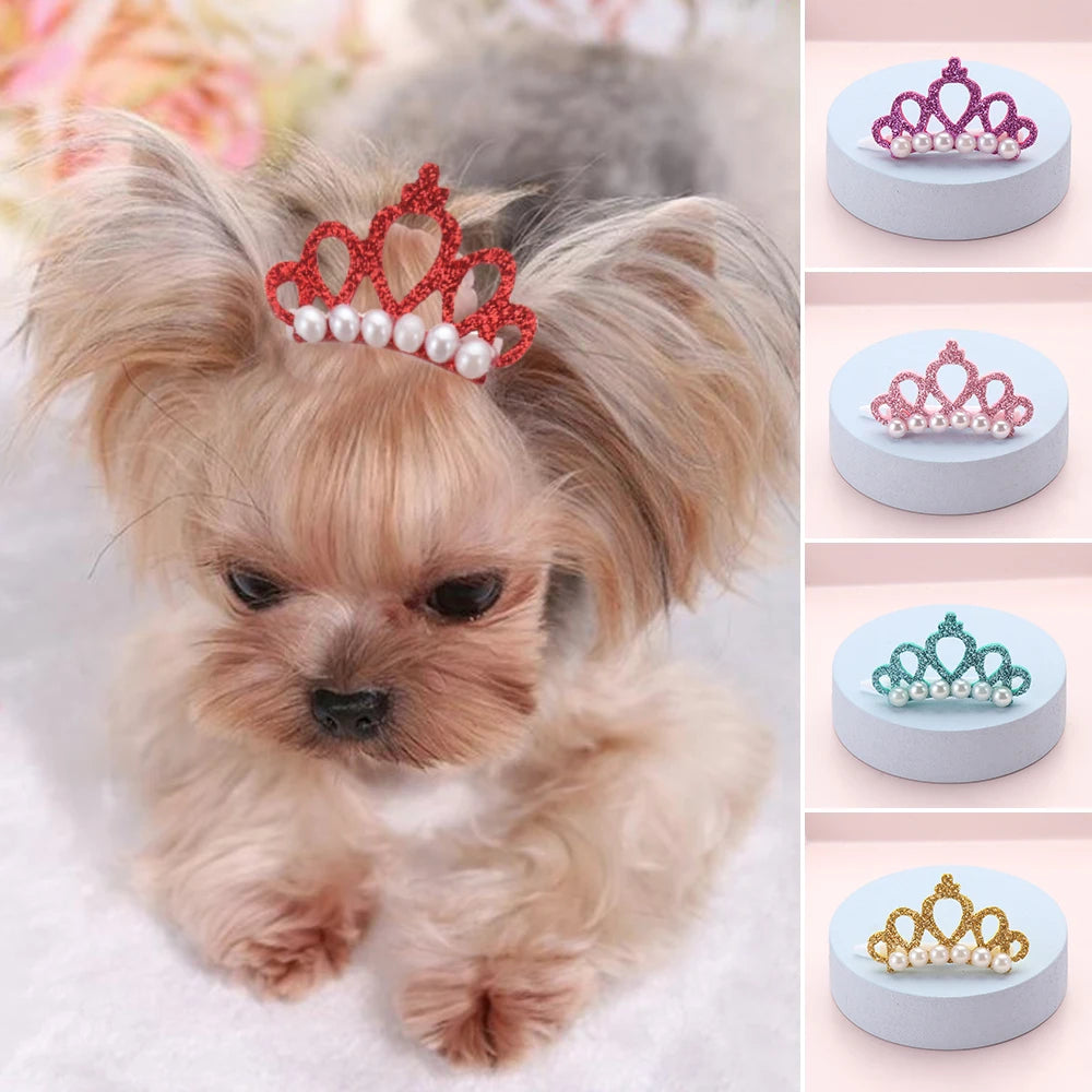 Pet Small Dogs Cat Faux Pearl Crown Shape Bows Hair Clips Head Decoration for Pets Puppy Hairpins Decor Grooming Accessoires