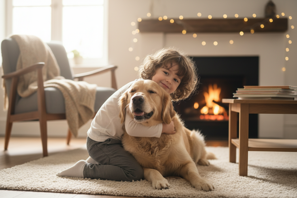 Kid cuddling a dog